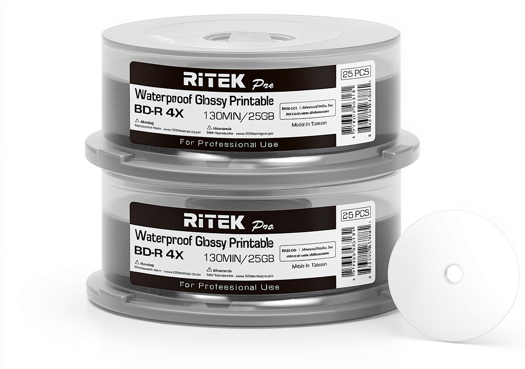 Ritek BD‑R disc being loaded into a professional inkjet printer